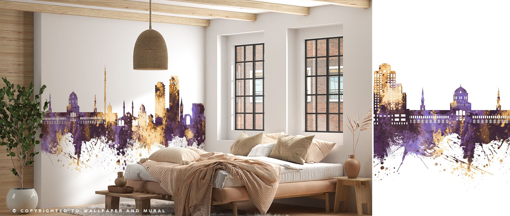 This skyline wallpaper captures Damascus in a refined palette of purple and gold. The composition radiates sophistication and urban charm, making it suitable for interiors like creative studios, lounges, or bedrooms that celebrate cultural artistry and de