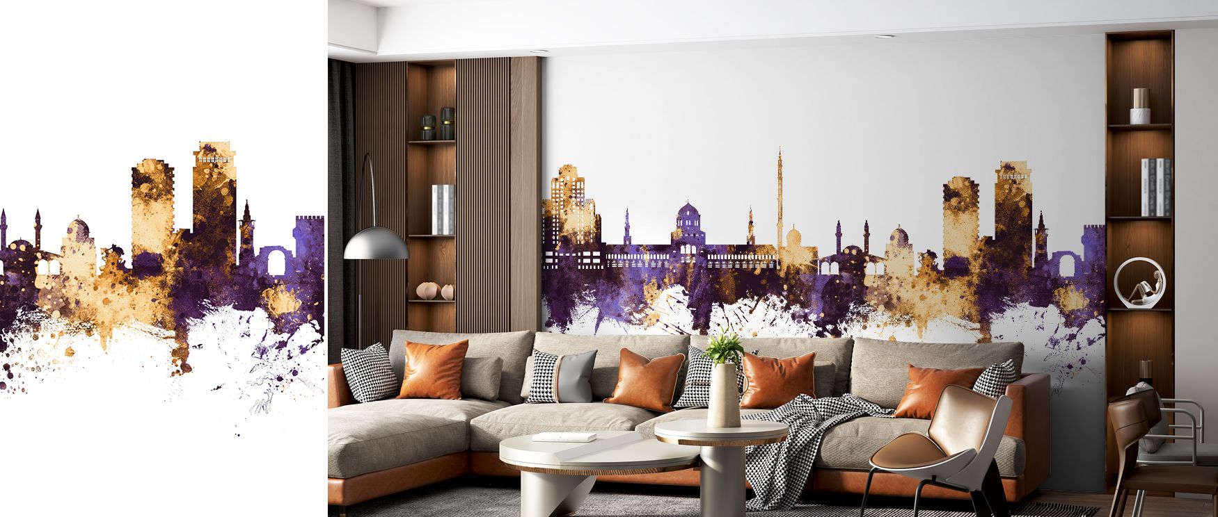 With bold detailing, the Damascus skyline wallpaper enriches interiors with architectural artistry. Its design reflects both modern and historic influences, offering cultural charm and luxury. Perfect for dining rooms, offices, or hallways, it creates a s