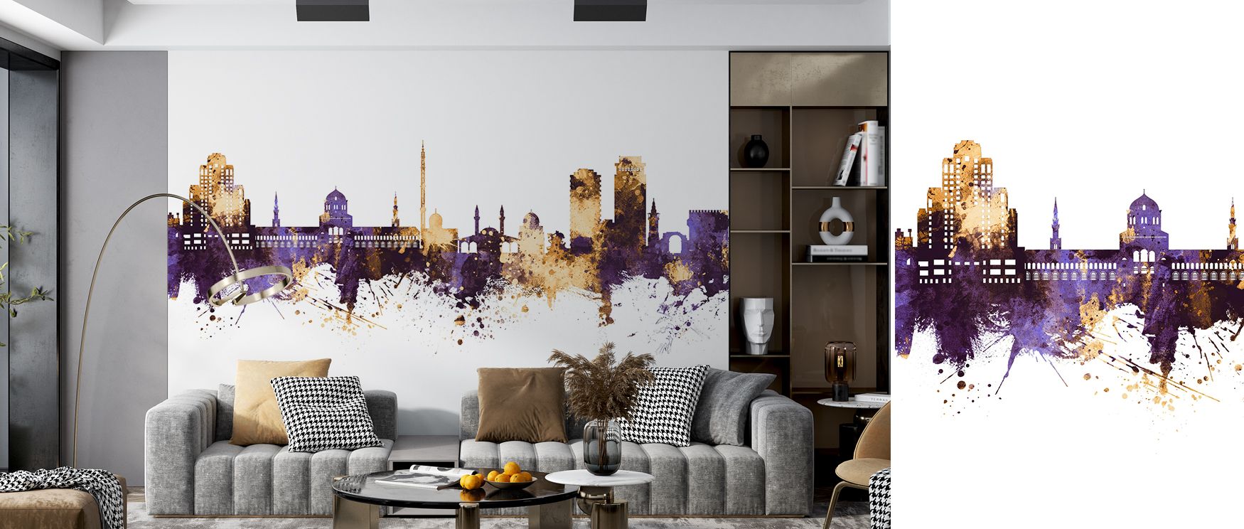 This wallpaper captures Damascus’s iconic skyline with shimmering tones that elevate interiors. The purple and gold palette inspires creativity and cosmopolitan flair, enhancing spaces like bedrooms, studies, or living rooms with elegance and cultural det