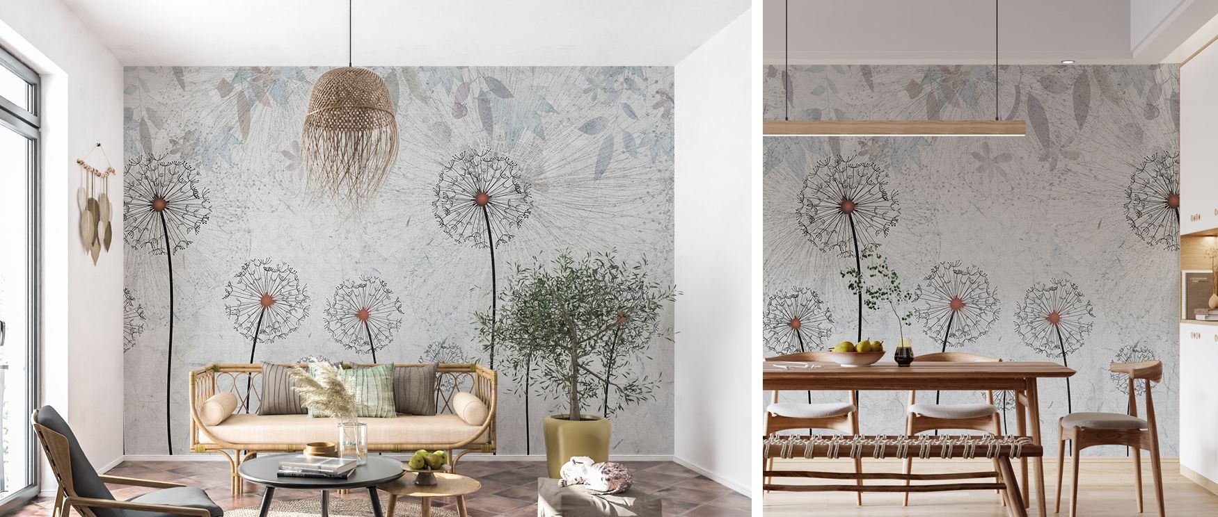 Featuring elegant dandelion blossoms, this wallpaper brings serenity and beauty into interiors. Its subtle design makes walls come alive with calm elegance, ideal for hallways, living areas, or bedrooms where tranquility and botanical refinement set the m