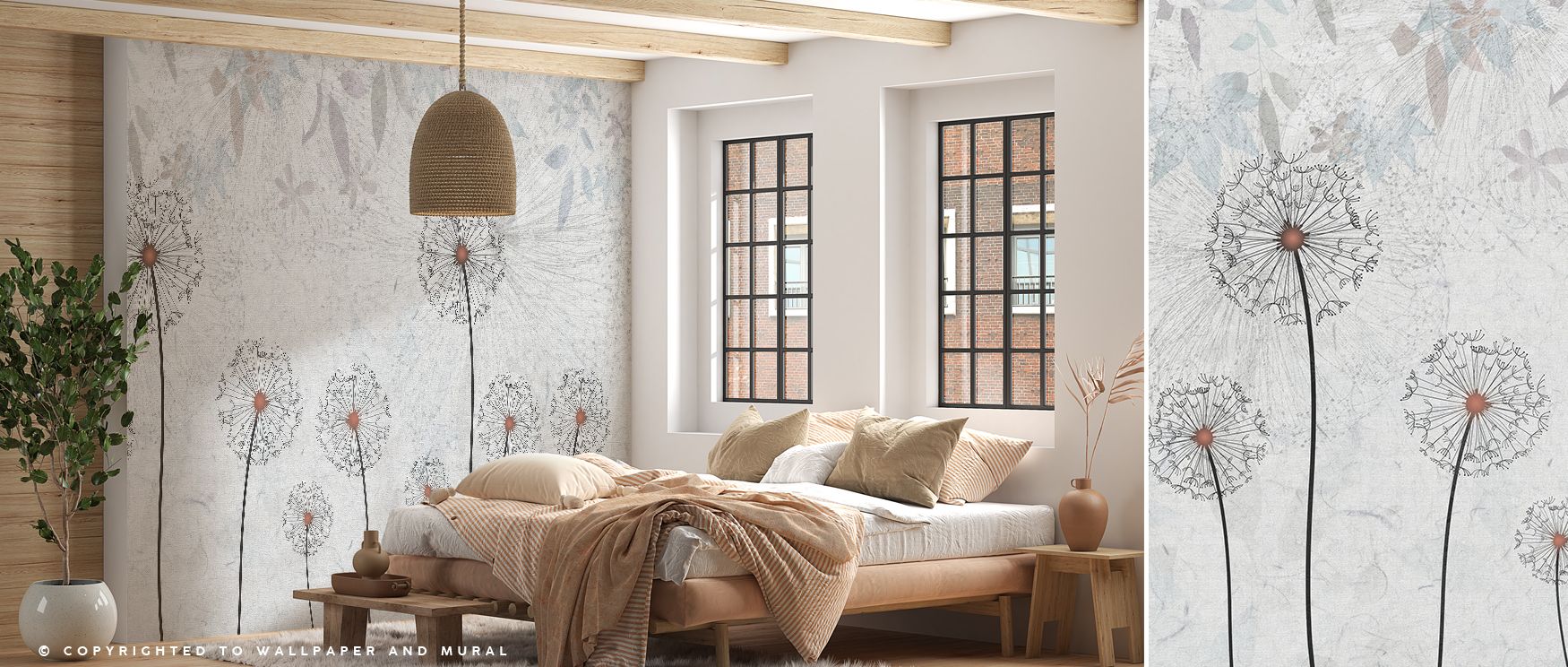 This wallpaper showcases dandelions in artistic detail, enhancing interiors with elegance and charm. Its refined floral motifs add softness and calmness to spaces like bedrooms, offices, or living rooms, creating soothing backdrops that reflect the delica