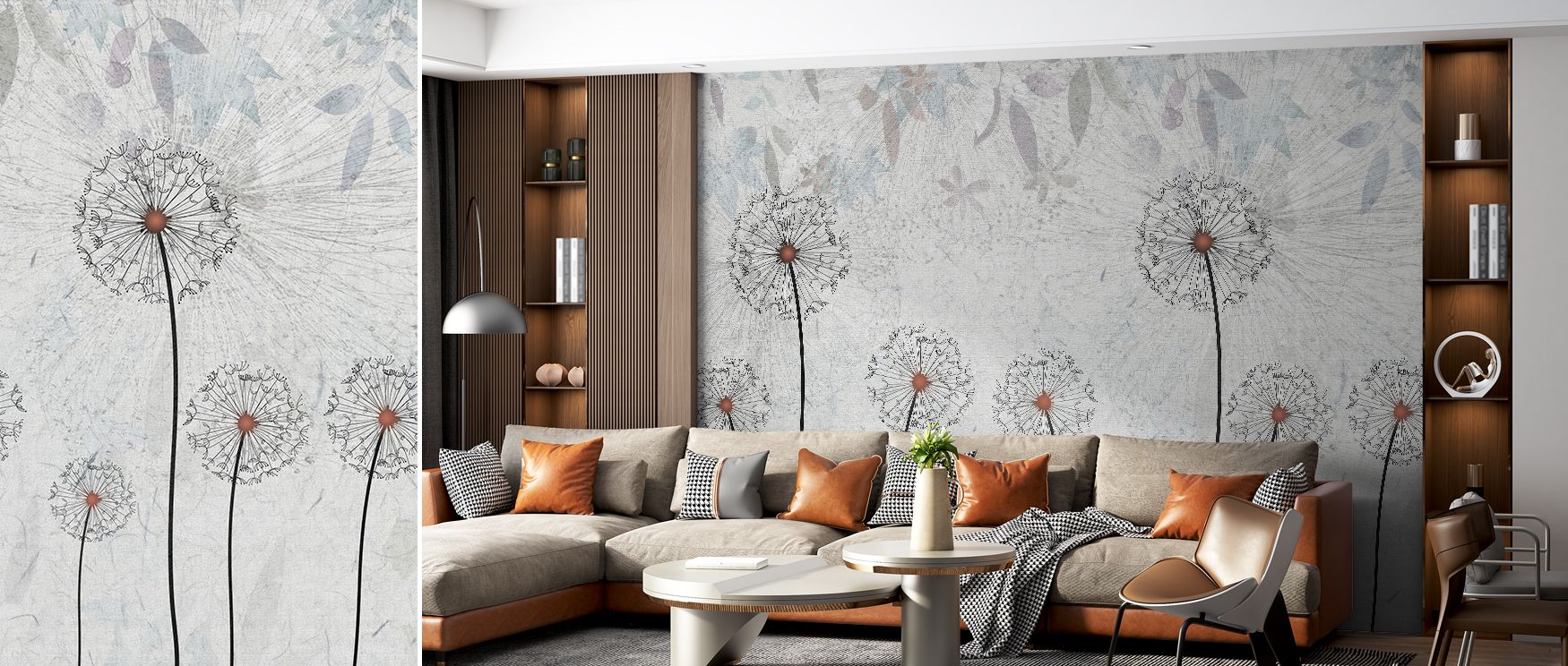 With dandelion blooms rendered in graceful tones, this wallpaper creates walls that radiate tranquility and elegance. Perfect for meditation rooms, bedrooms, or reading areas, its refined floral design enriches interiors with natural beauty and sophistica