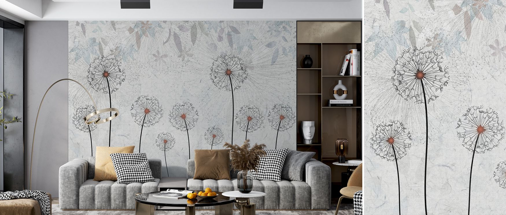 This dandelion wallpaper captures the serene spirit of nature through delicate blossoms and refined detailing. It transforms interiors with elegance, making it suitable for bedrooms, lounges, or workspaces that embrace calmness, natural beauty, and refine