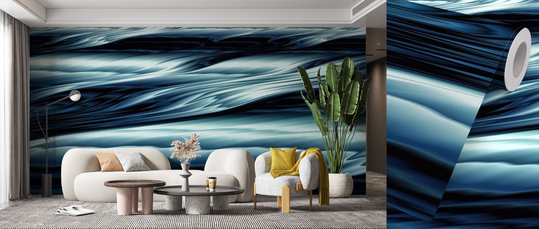 Featuring water-like abstraction in deep hues, this wallpaper adds contemporary elegance to interiors. Its design radiates drama and sophistication, making it ideal for lounges, creative studios, or bedrooms that embrace artistic modernity and fluid rhyth