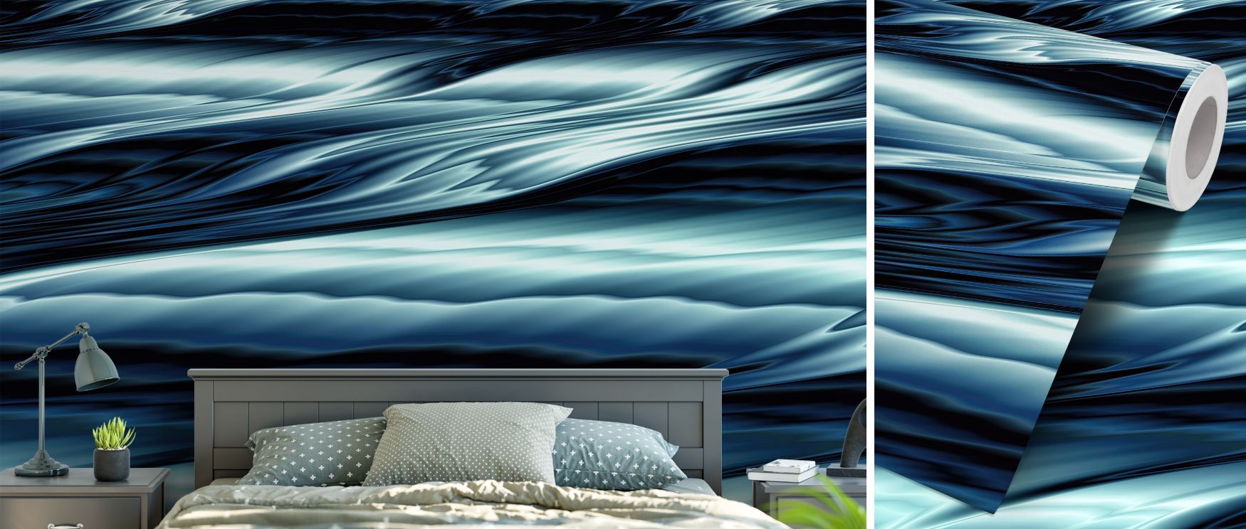 A wallpaper design inspired by the depth of water, featuring dark tones and abstract fluid forms. It enriches interiors with drama and elegance, creating captivating walls for living rooms, studies, or bedrooms where atmosphere matters most. 