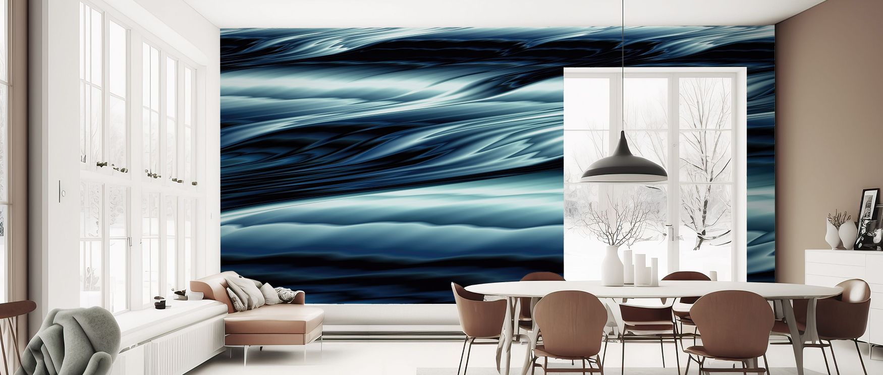 Dark water abstract wallpaper that blends fluid design and bold tones to enrich interiors with elegance. Its patterns create movement, making it ideal for living areas, hallways, or offices that value modern artistry and refined mood. 