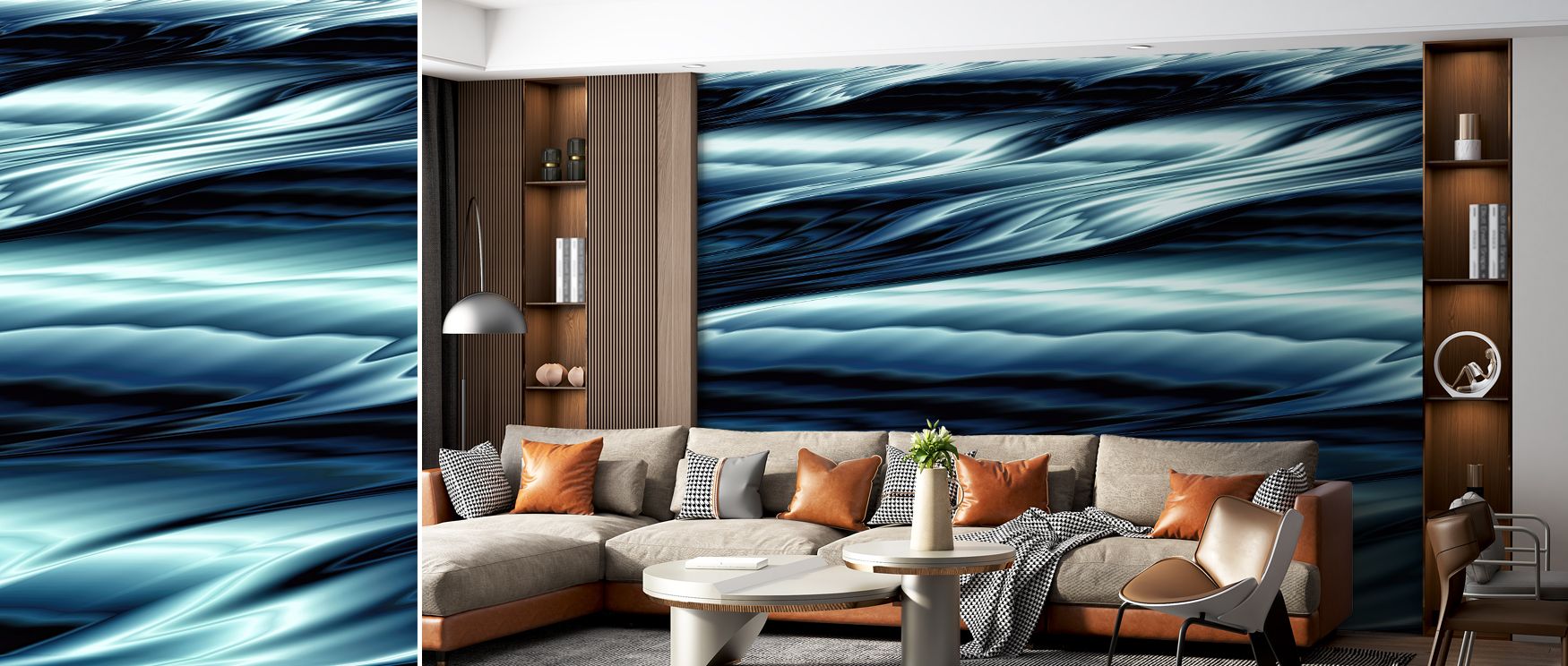 Abstract wallpaper inspired by dark water, adding rhythm and depth to walls. Its design enriches bedrooms, studies, or living rooms with dramatic charm and modern elegance, creating refined interiors with flowing artistic atmosphere. 