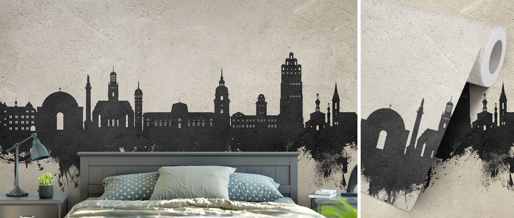 Darmstadt skyline wallpaper in concrete hues that combine architectural elegance with industrial style. Its design captures historic charm while offering modern refinement, ideal for offices, lounges, or bedrooms that thrive on bold urban artistry. 