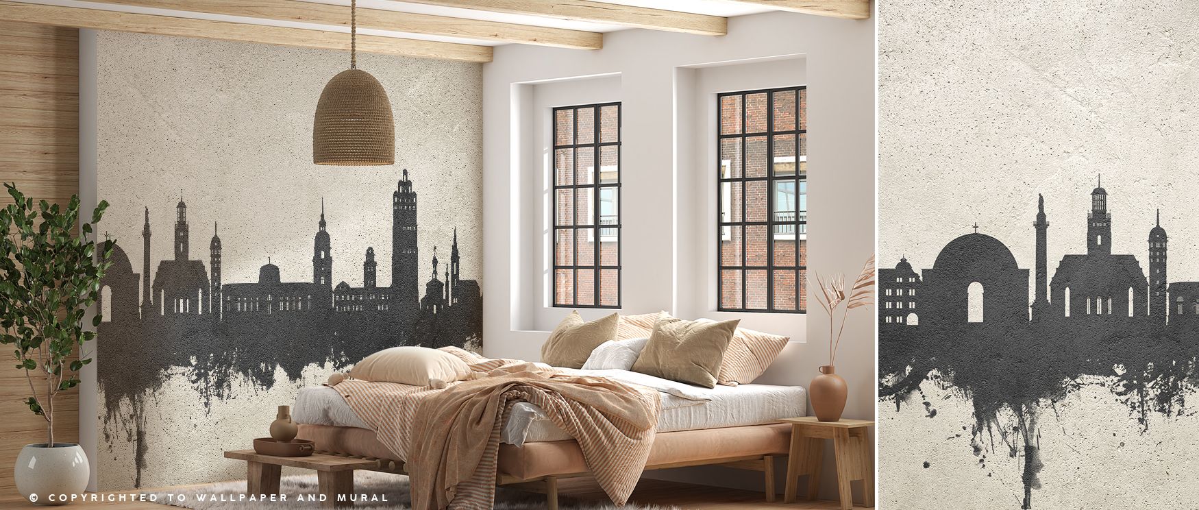 Concrete city wallpaper design inspired by Darmstadt, creating walls with urban sophistication. Its refined palette and iconic skyline details enrich interiors such as bedrooms, lounges, or offices with a balance of tradition and modern design. 