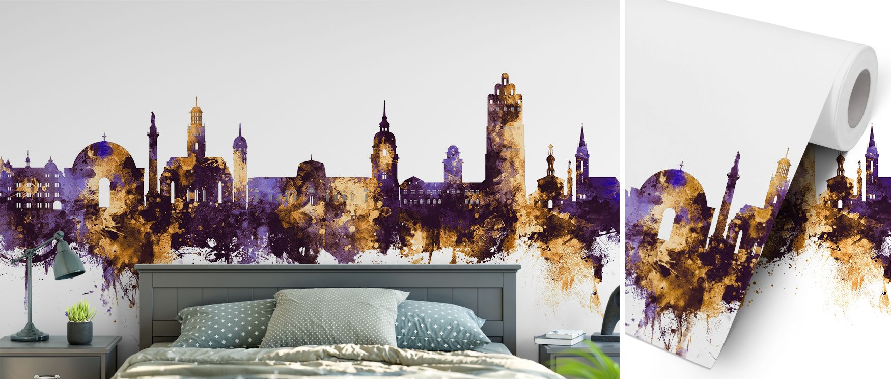Featuring architectural silhouettes of Darmstadt, this wallpaper captures refinement through bold color contrasts. Its purple and gold palette enriches interiors with cultural depth and luxury, transforming bedrooms, offices, or lounges into cosmopolitan 