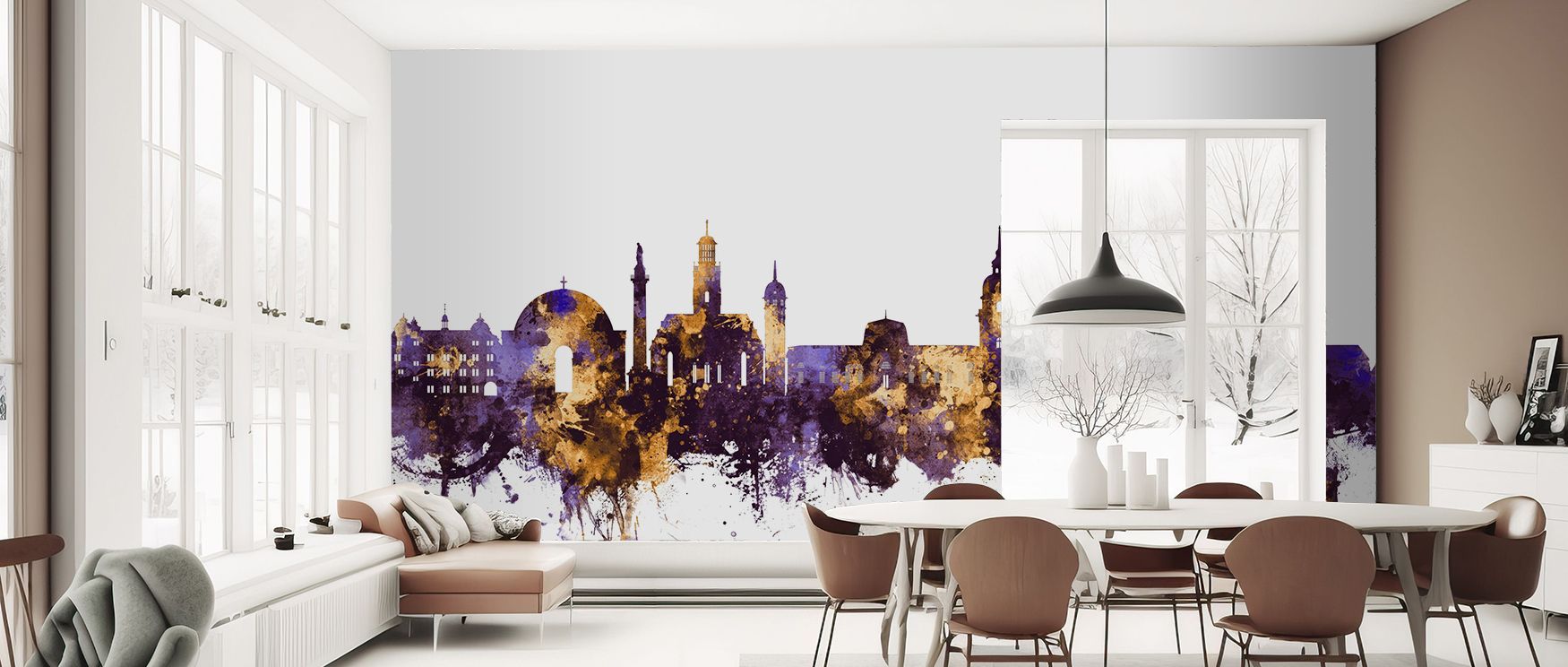 A luxurious wallpaper design with Darmstadt skyline, blending bold hues and architectural artistry. Its refined detailing makes it ideal for bedrooms, offices, or lounges where style and culture define interiors. 