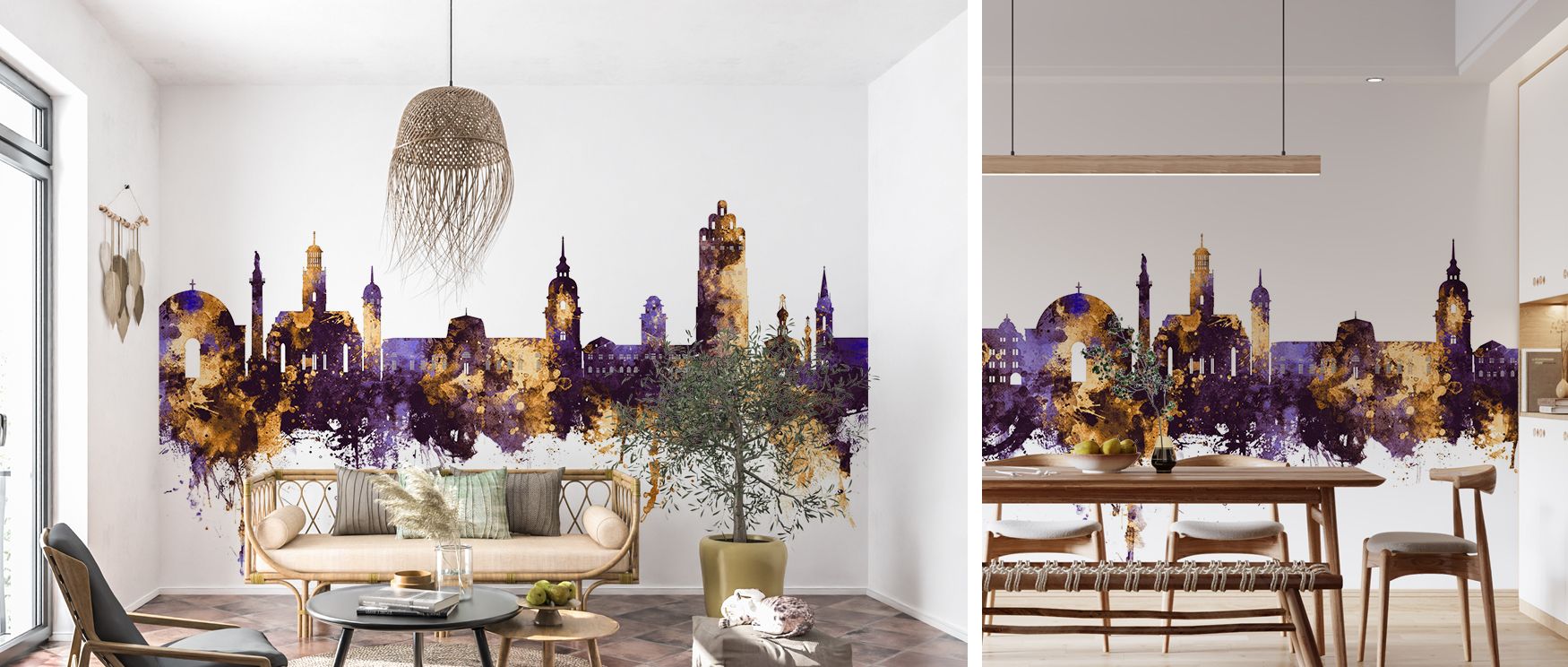 Purple and gold wallpaper design showcasing Darmstadt’s skyline with artistic flair. Its bold palette creates a luxurious metropolitan mood, ideal for offices, bedrooms, or dining areas where interiors embrace sophistication. 
