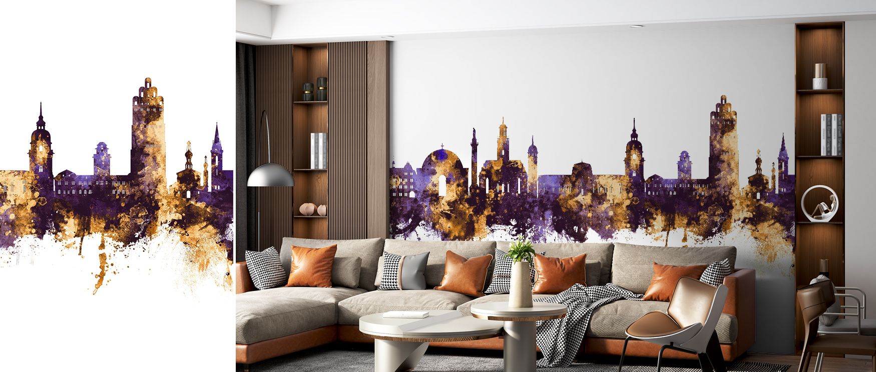 Skyline wallpaper inspired by Darmstadt’s architecture in purple and gold, adding metropolitan elegance and luxury. Suitable for offices, bedrooms, or creative spaces, it creates interiors filled with cultural charm and artistic refinement. 