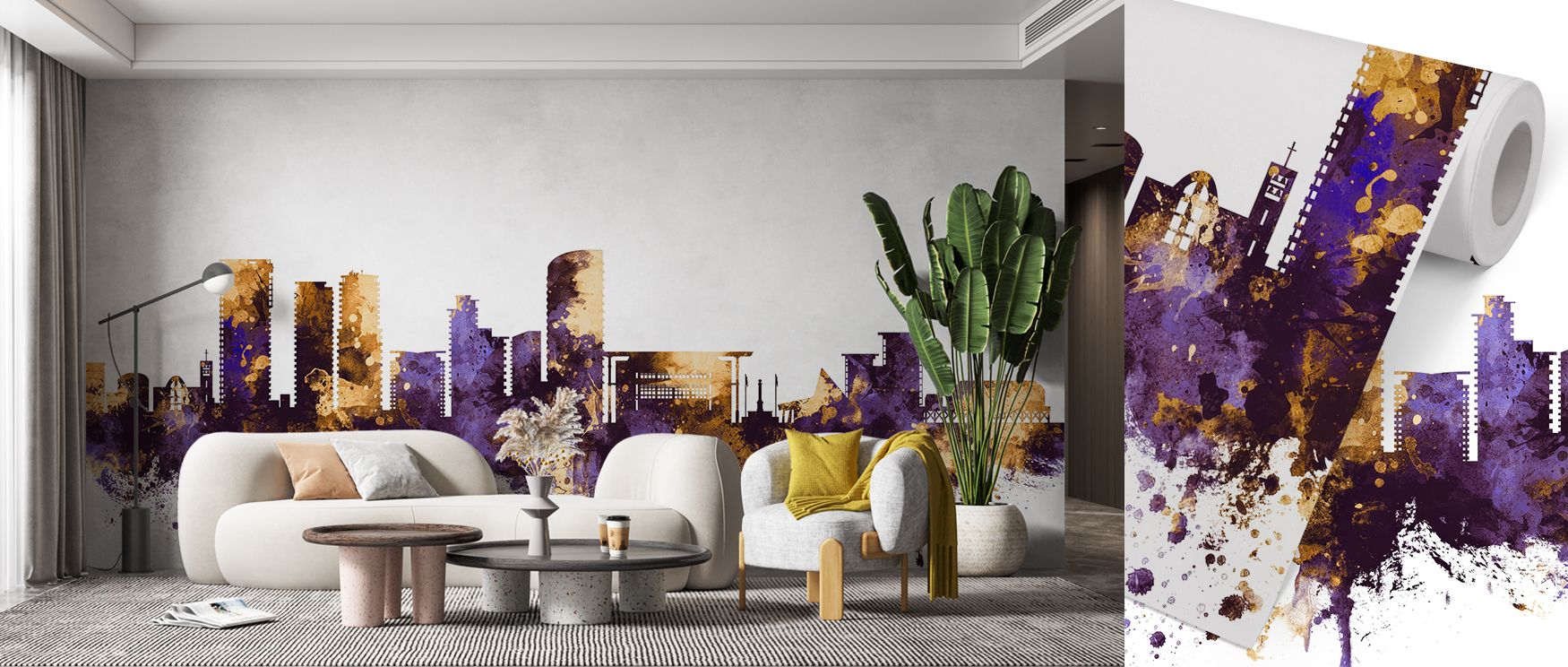 Darwin skyline mural wallpaper rendered in bold purple and gold artistry, suited for bedrooms, creative studios, or dining spaces. It creates refined interiors enriched with decorative charm, metropolitan inspiration, and stylish balance, offering modern 