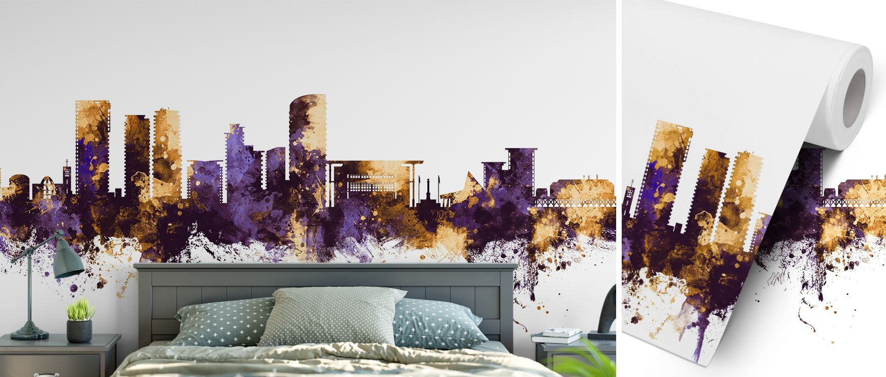 A mural wallpaper showcasing Darwin skyline in radiant purple and gold, ideal for bedrooms, lounges, or dining rooms. It enhances interiors with decorative refinement, cultural artistry, and luminous presence, creating stylish atmospheres enriched with me