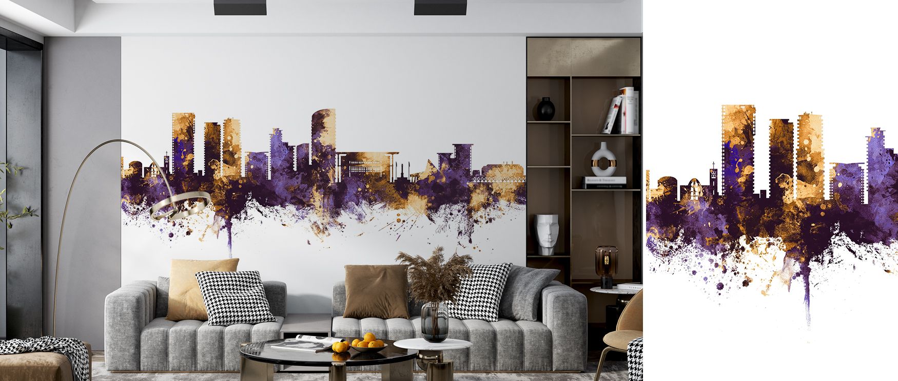 Darwin skyline mural wallpaper designed in regal purple and gold tones, suited for bedrooms, creative interiors, or studies. It creates refined atmospheres enriched with decorative artistry, cultural inspiration, and luminous refinement, offering stylish 