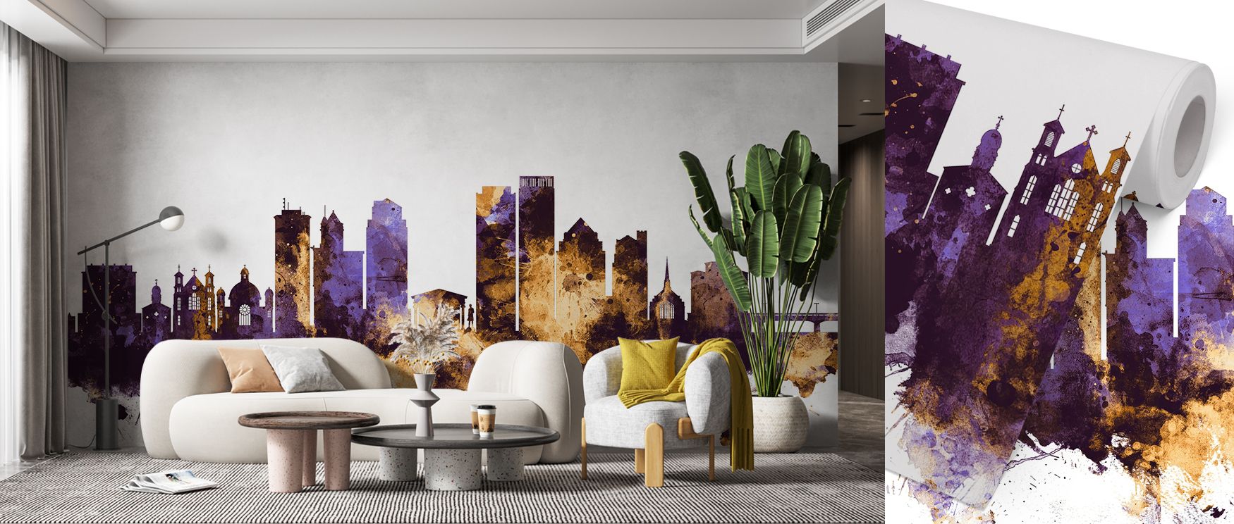 Dayton skyline mural wallpaper rendered in bold purple and gold, suited for bedrooms, dining areas, or creative spaces. It creates refined interiors enriched with decorative refinement, metropolitan artistry, and creative presence, offering modern homes s