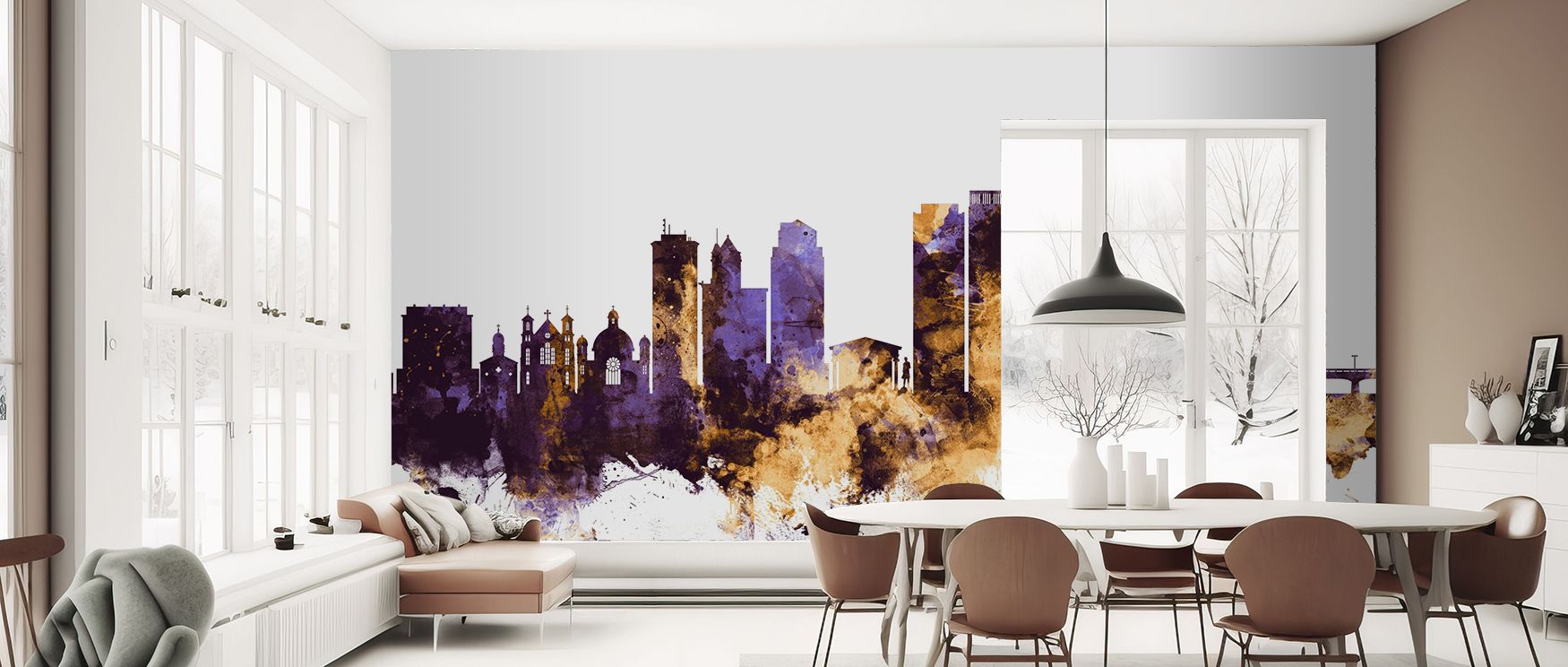 A mural wallpaper showcasing Dayton skyline in regal purple and luminous gold, perfect for bedrooms, living rooms, or offices. It enriches interiors with metropolitan artistry, decorative refinement, and stylish balance, creating refined atmospheres enric