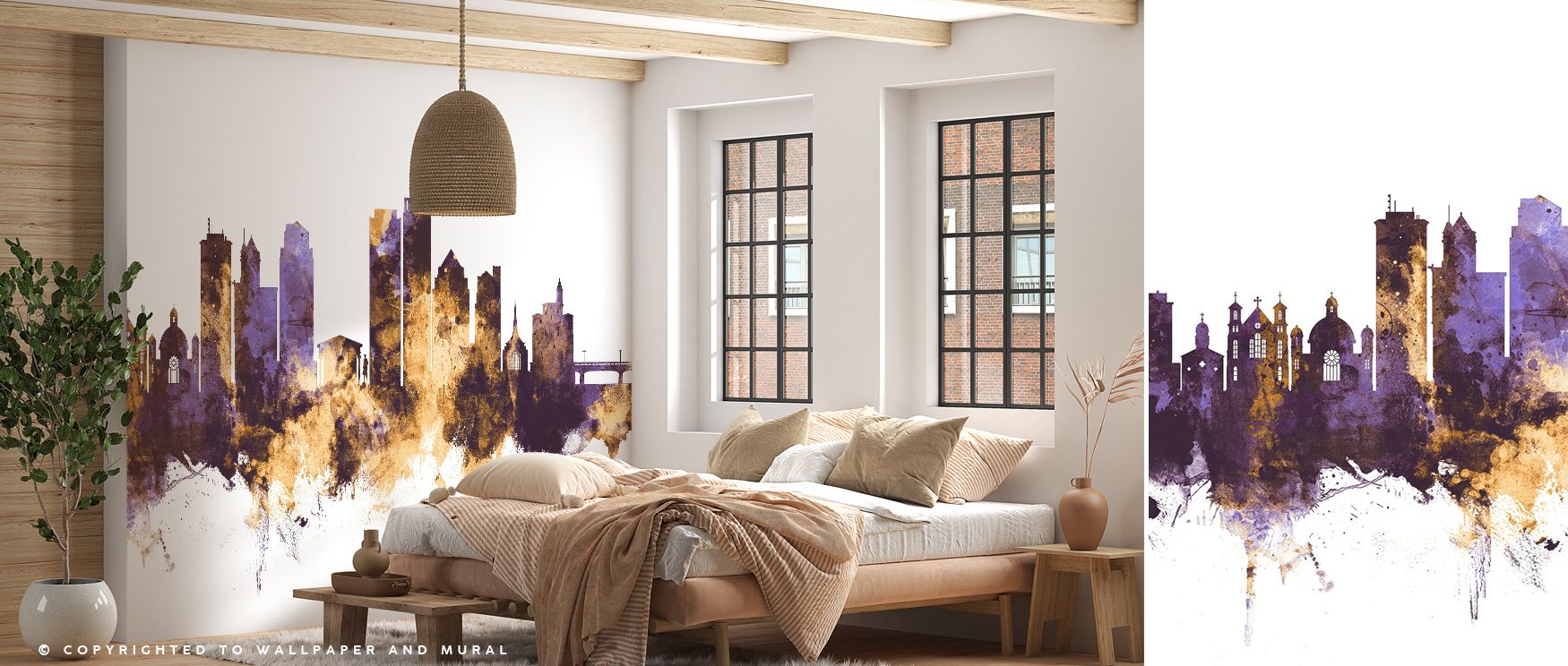 Regal purple and gold Dayton skyline mural wallpaper, ideal for bedrooms, dining rooms, or lounges. It transforms interiors with decorative artistry, metropolitan refinement, and creative charm, creating stylish spaces filled with luminous inspiration and