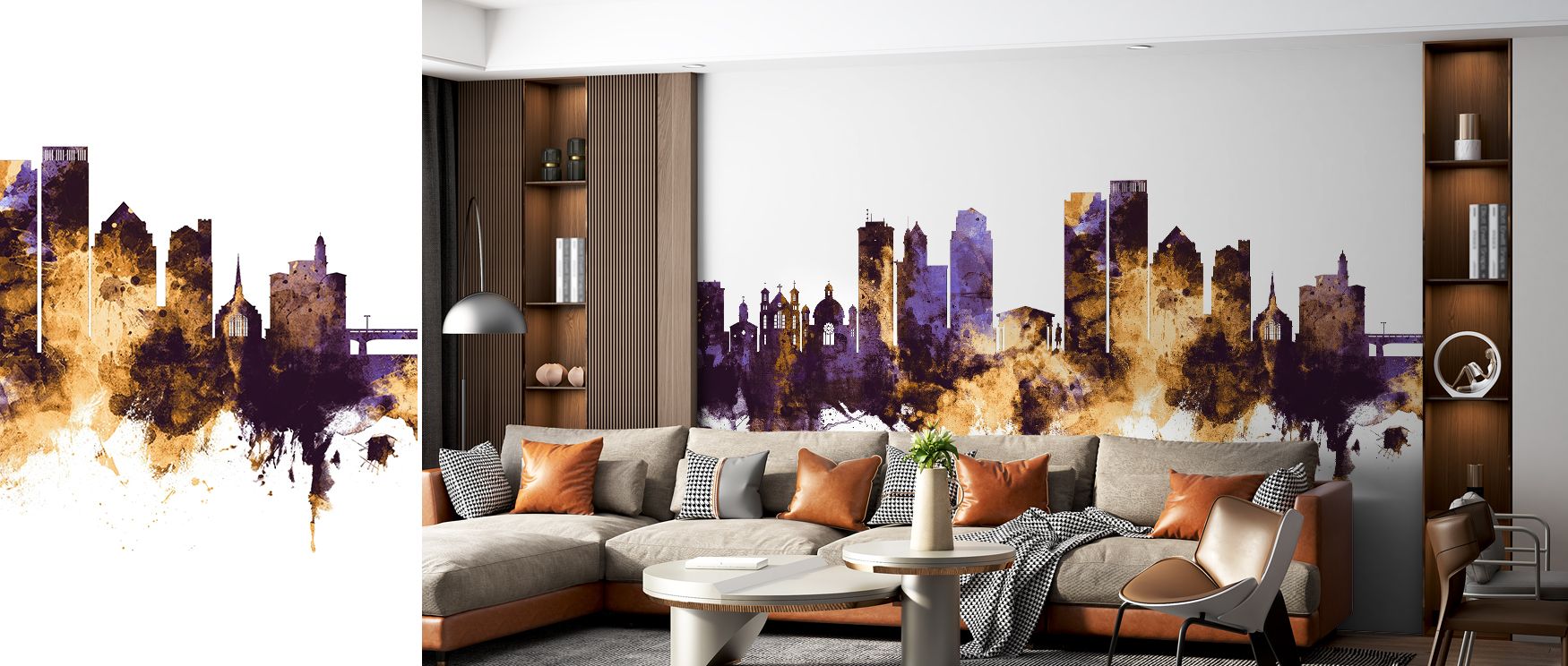 A mural wallpaper featuring Dayton skyline in radiant purple and gold tones, perfect for bedrooms, living rooms, or dining spaces. It enriches interiors with decorative refinement, cultural artistry, and stylish balance, creating refined spaces enriched w