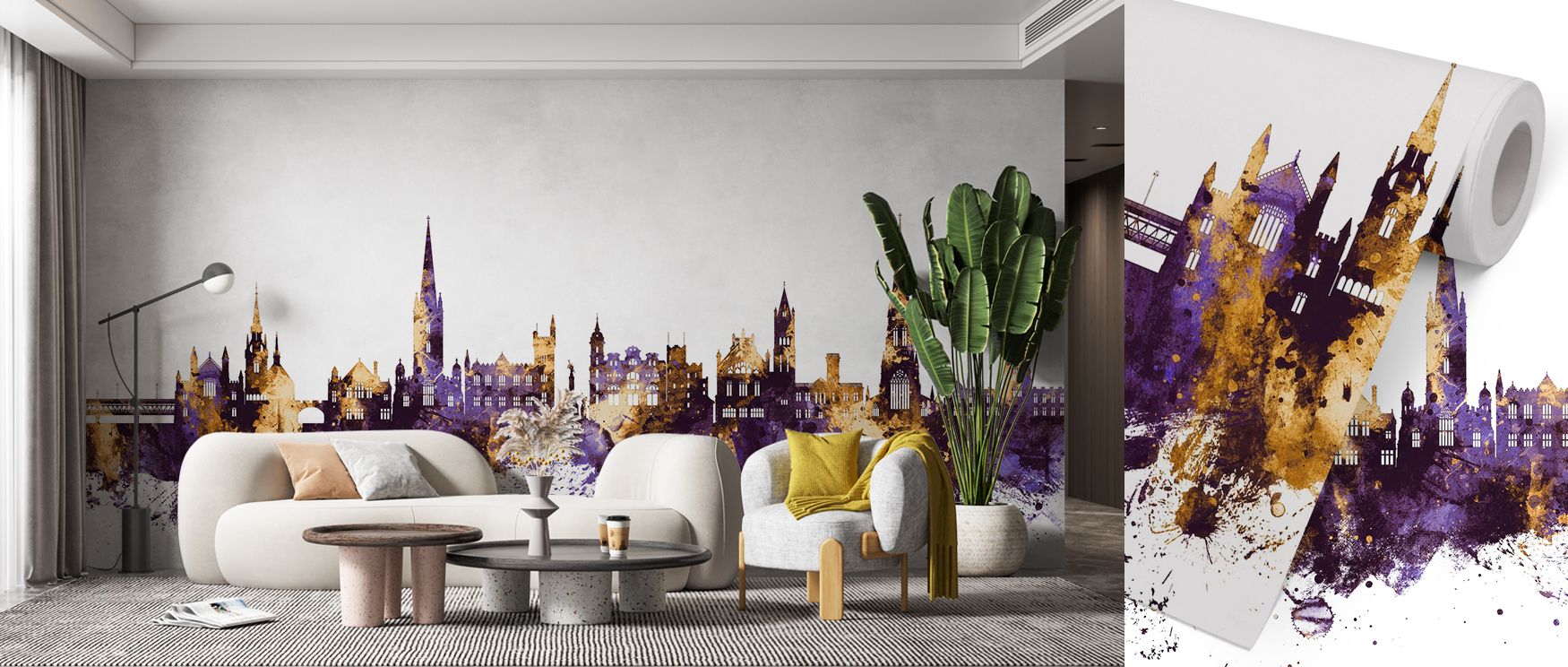 Derry skyline mural wallpaper rendered in luminous purple and gold, suited for bedrooms, living rooms, or dining areas. It creates refined interiors enriched with decorative refinement, architectural artistry, and cultural presence, offering stylish homes