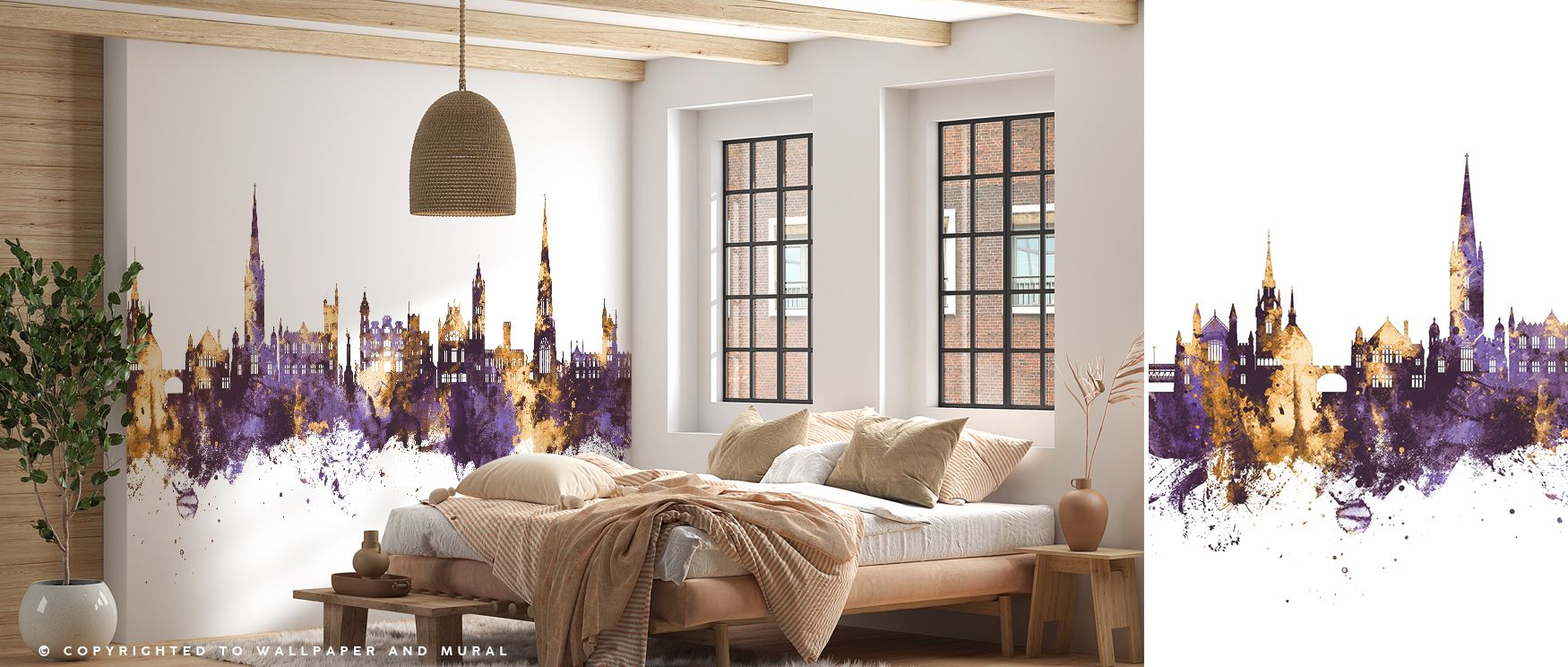 Regal purple and gold Derry skyline mural wallpaper, ideal for bedrooms, living rooms, or creative interiors. It transforms interiors with decorative refinement, metropolitan artistry, and cultural charm, creating stylish spaces enriched with bold inspira