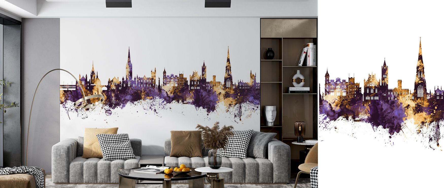 Derry skyline mural wallpaper designed in purple and gold tones, suited for living rooms, offices, or dining spaces. It creates refined interiors enriched with metropolitan artistry, decorative refinement, and cultural charm, offering homes stylish atmosp