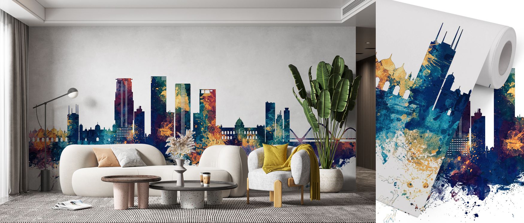 Dhaka skyline mural wallpaper rendered in vibrant tones, suited for bedrooms, living rooms, or studies. It creates refined interiors enriched with decorative artistry, cultural refinement, and metropolitan charm, offering bold spaces filled with architect