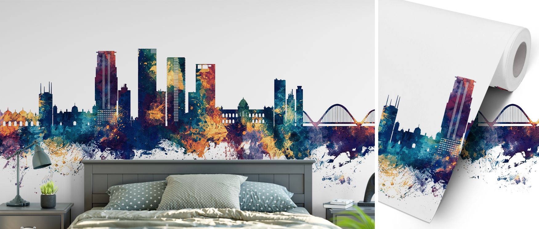 A mural wallpaper showcasing Dhaka skyline in bold blue and bronze, ideal for bedrooms, dining rooms, or lounges. It enhances interiors with decorative refinement, metropolitan charm, and cultural artistry, creating refined atmospheres enriched with strik