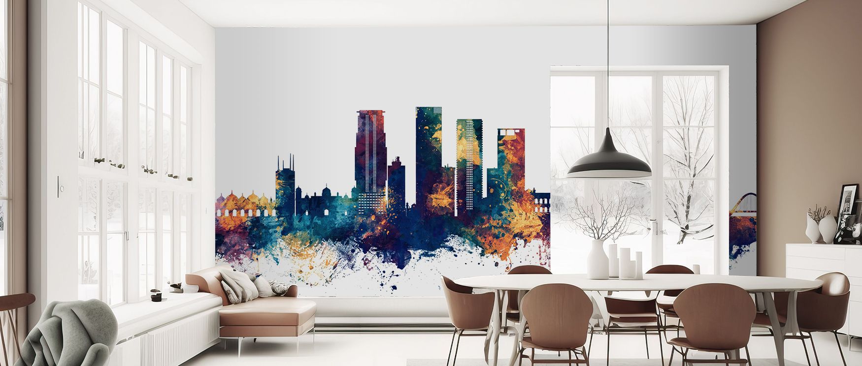 A mural wallpaper showcasing Dhaka skyline in bold artistry, perfect for bedrooms, dining areas, or studies. It enriches interiors with decorative refinement, cultural inspiration, and metropolitan charm, creating refined spaces enriched with modern sophi