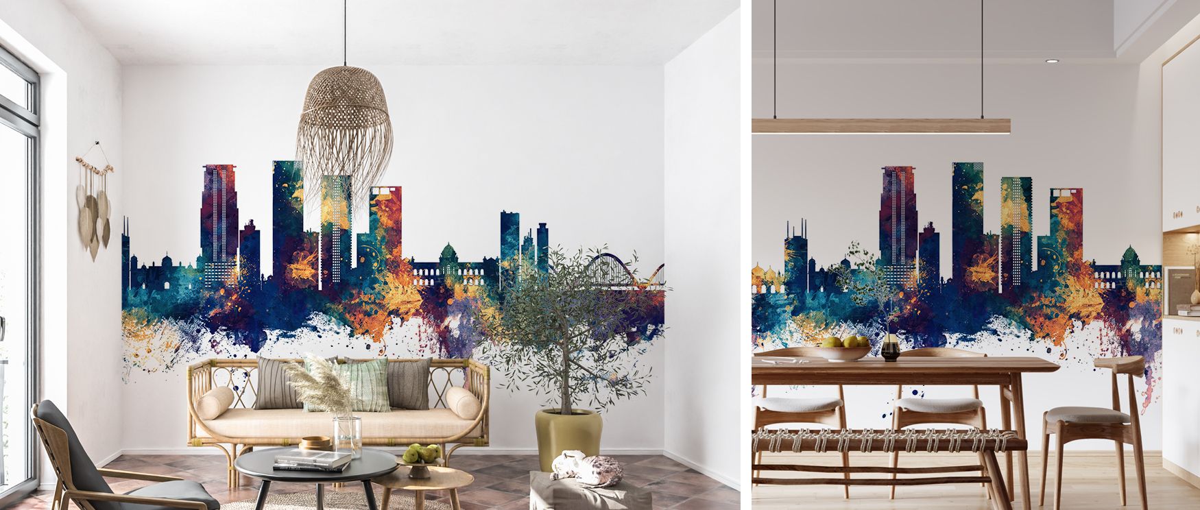 A mural wallpaper capturing Dhaka skyline in luminous artistry, perfect for bedrooms, dining areas, or offices. It enriches interiors with decorative refinement, cultural inspiration, and metropolitan artistry, creating stylish atmospheres filled with bol