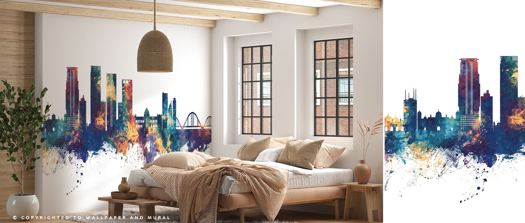 Blue and bronze Dhaka skyline mural wallpaper, ideal for bedrooms, lounges, or dining areas. It transforms interiors with decorative refinement, metropolitan artistry, and cultural charm, creating refined spaces enriched with luminous inspiration and bold
