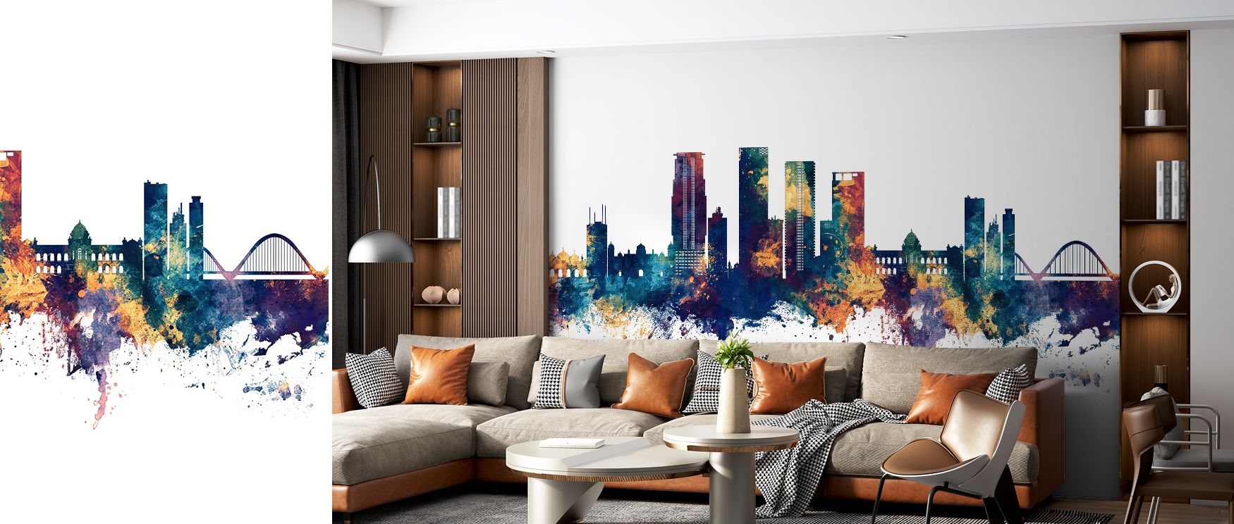 A mural wallpaper featuring Dhaka skyline in radiant blue and bronze tones, perfect for bedrooms, creative spaces, or studies. It enriches interiors with decorative refinement, metropolitan charm, and cultural artistry, creating stylish spaces enriched wi