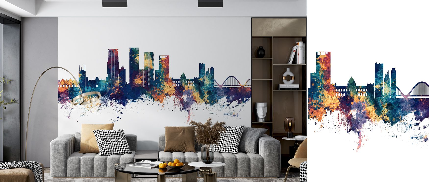 Dhaka skyline mural wallpaper designed in vibrant hues, suited for bedrooms, living rooms, or offices. It creates stylish metropolitan-inspired spaces enriched with decorative refinement, cultural artistry, and architectural charm, turning walls into bold