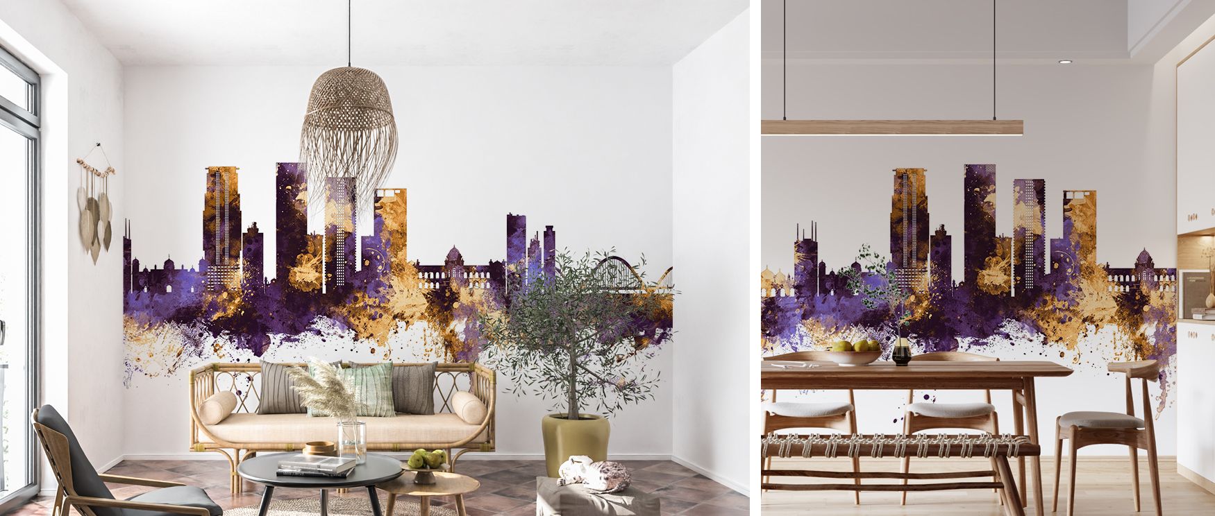 A mural wallpaper capturing Dhaka skyline in regal artistry, perfect for offices, living rooms, or dining areas. It enriches interiors with decorative refinement, cultural sophistication, and metropolitan charm, creating stylish atmospheres filled with bo