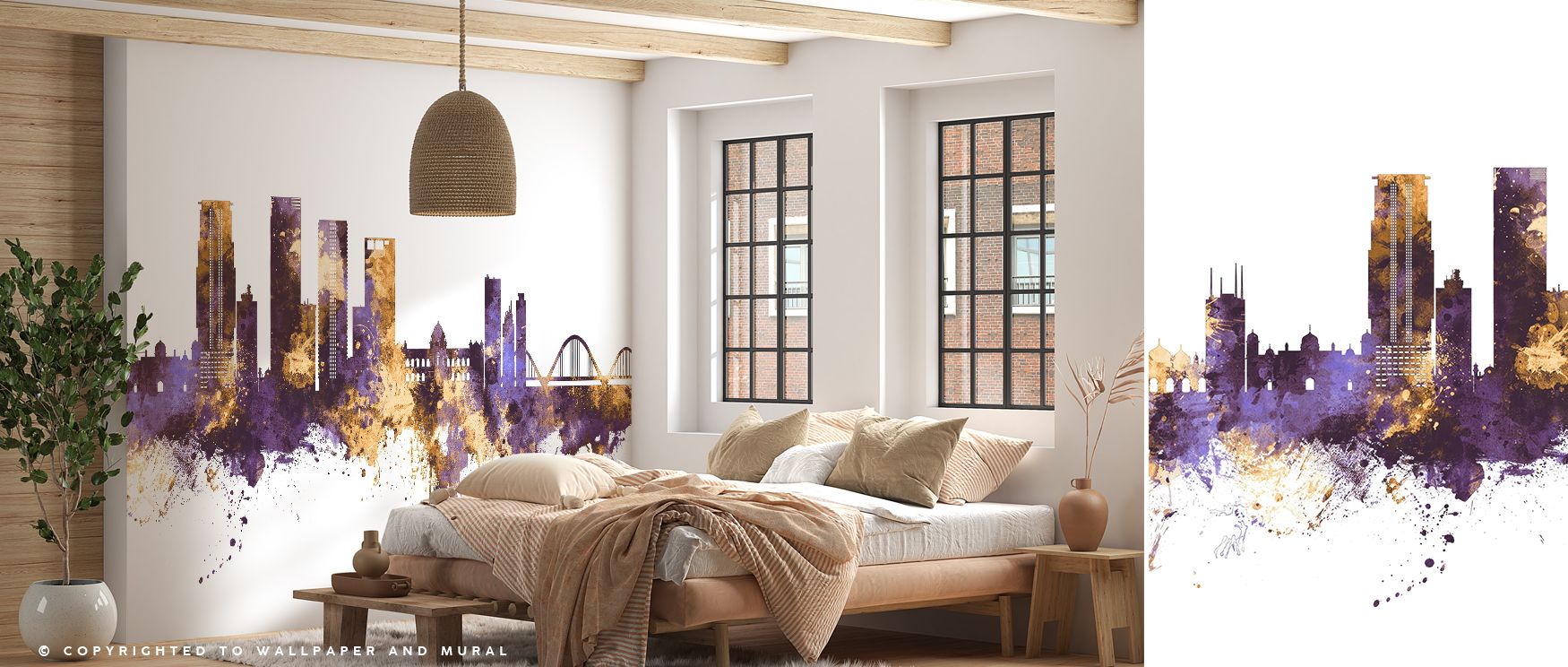 Regal purple and gold Dhaka skyline mural wallpaper, ideal for bedrooms, dining rooms, or lounges. It transforms interiors with decorative refinement, metropolitan artistry, and cultural inspiration, creating refined spaces enriched with luminous presence