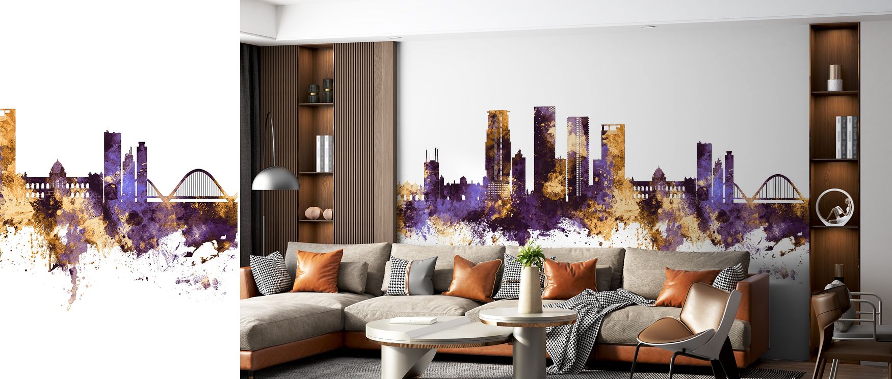 A mural wallpaper featuring Dhaka skyline in radiant hues, perfect for bedrooms, living rooms, or studies. It enriches interiors with decorative refinement, metropolitan artistry, and cultural charm, creating refined atmospheres filled with bold inspirati
