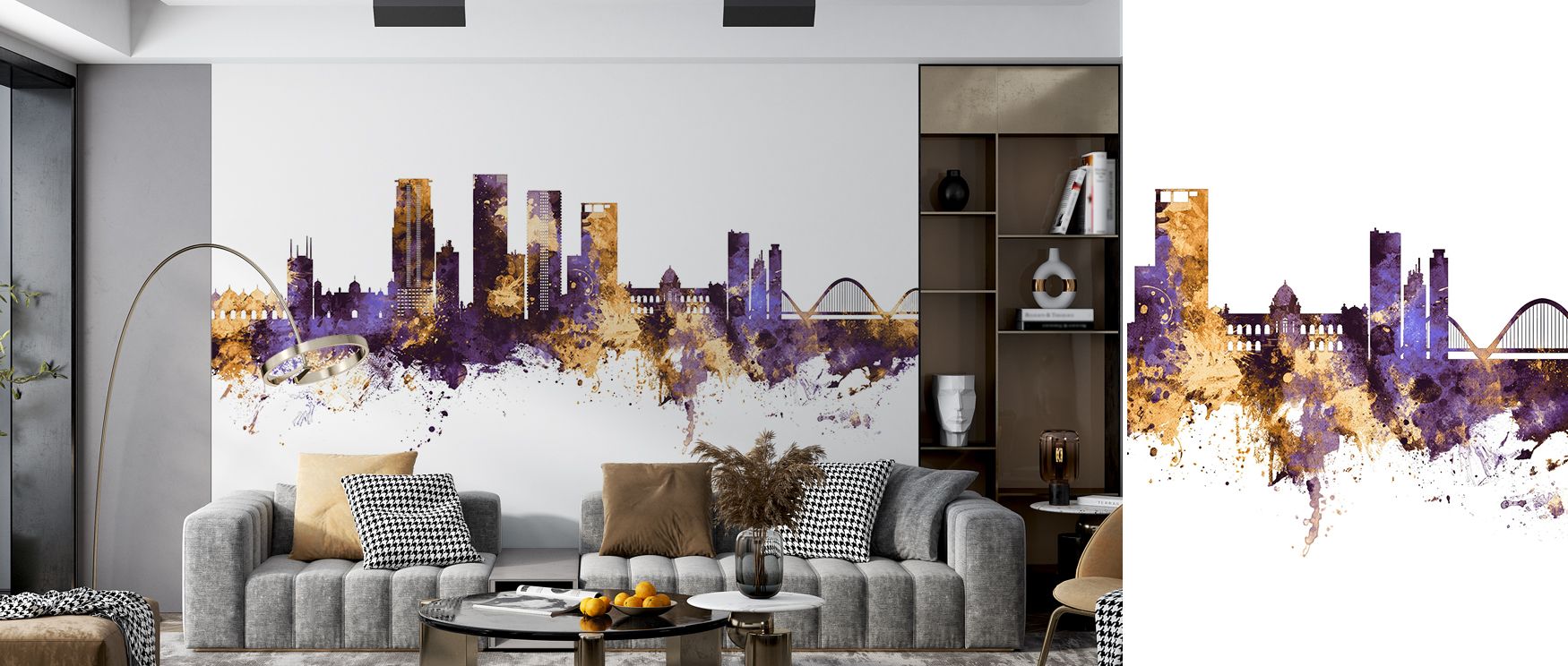 Dhaka skyline mural wallpaper designed in regal purple and gold, suited for bedrooms, creative interiors, or dining areas. It creates stylish spaces enriched with decorative refinement, cultural artistry, and metropolitan charm, offering refined homes bol