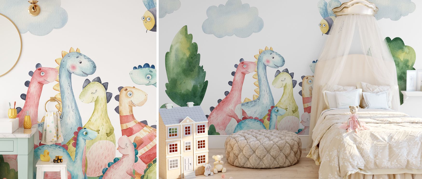 A dinosaur family mural rendered in cheerful tones, perfect for nurseries, playrooms, or bedrooms. It adds energy and delight to walls, encouraging kids to explore, imagine, and dream, while transforming interiors into spaces filled with playful adventure