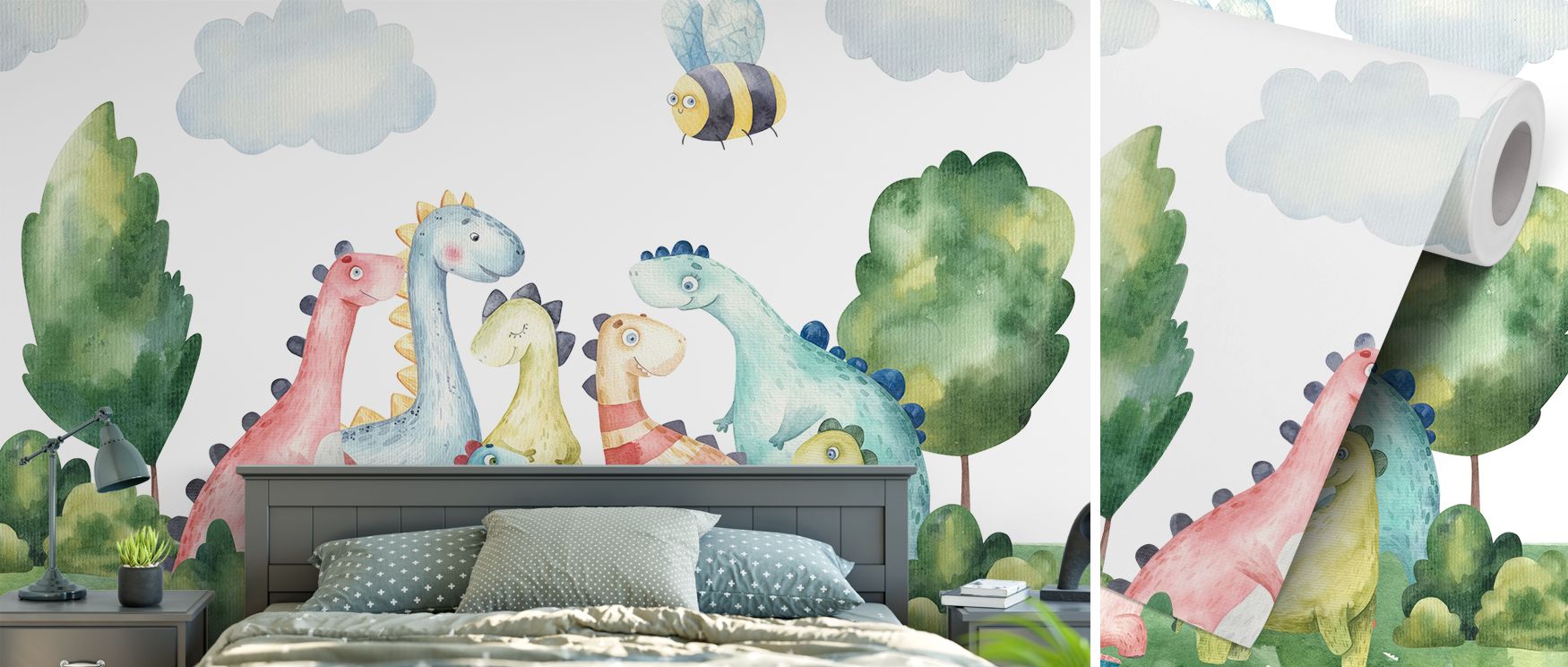 Dinosaur family mural wallpaper in vivid playful tones, ideal for nurseries, children’s bedrooms, or creative corners. It enhances interiors with charm, joy, and energy, creating spaces where imagination thrives, stories unfold, and family time is celebra