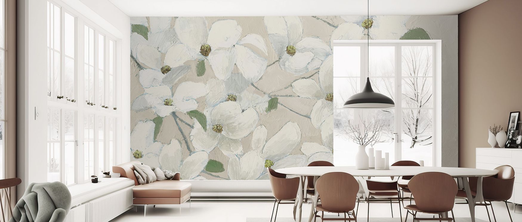 Dogwood floral mural wallpaper designed with delicate blossoms in soft tones, ideal for nurseries, living rooms, or creative spaces. It transforms interiors with decorative refinement, floral artistry, and timeless charm, creating serene spaces enriched w