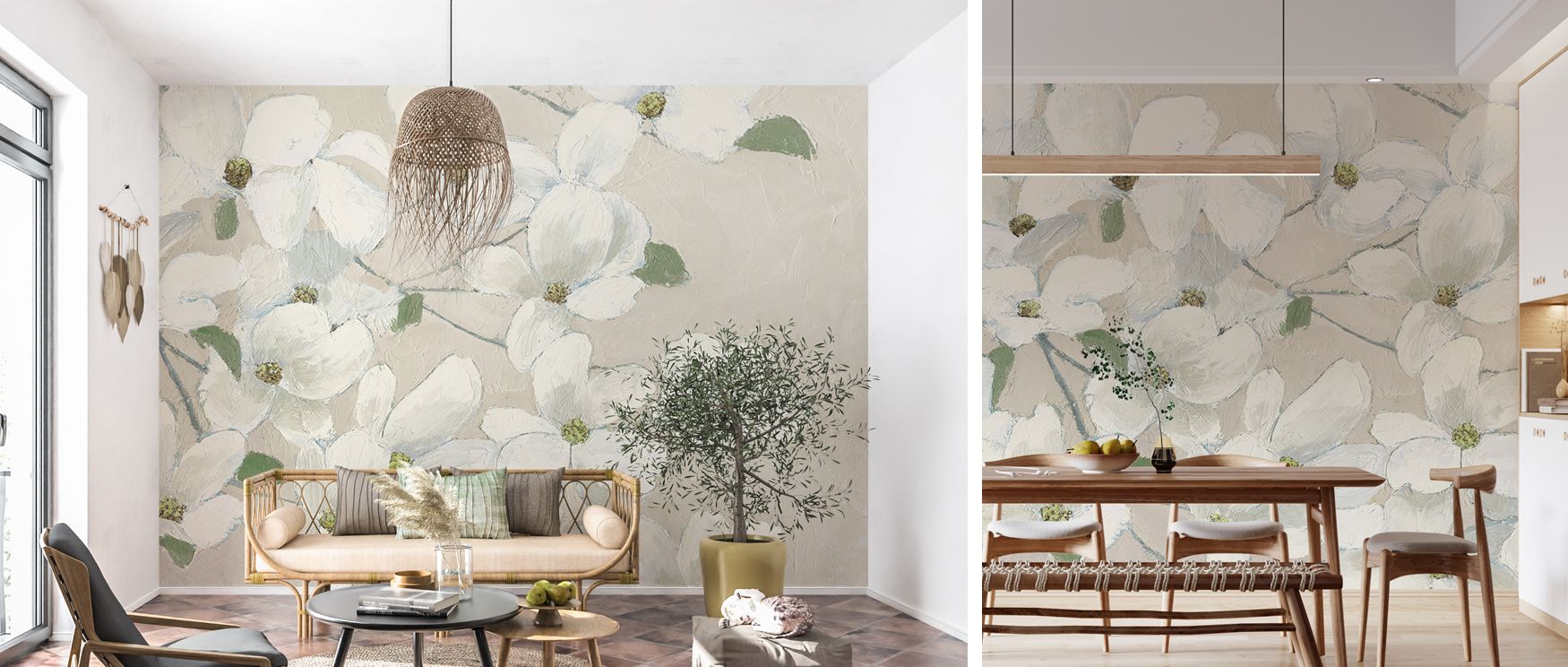 Dogwood mural wallpaper featuring blossoms in soft artistic tones, ideal for bedrooms, living rooms, or nurseries. It transforms interiors with decorative refinement, natural charm, and floral inspiration, creating stylish spaces enriched with timeless so