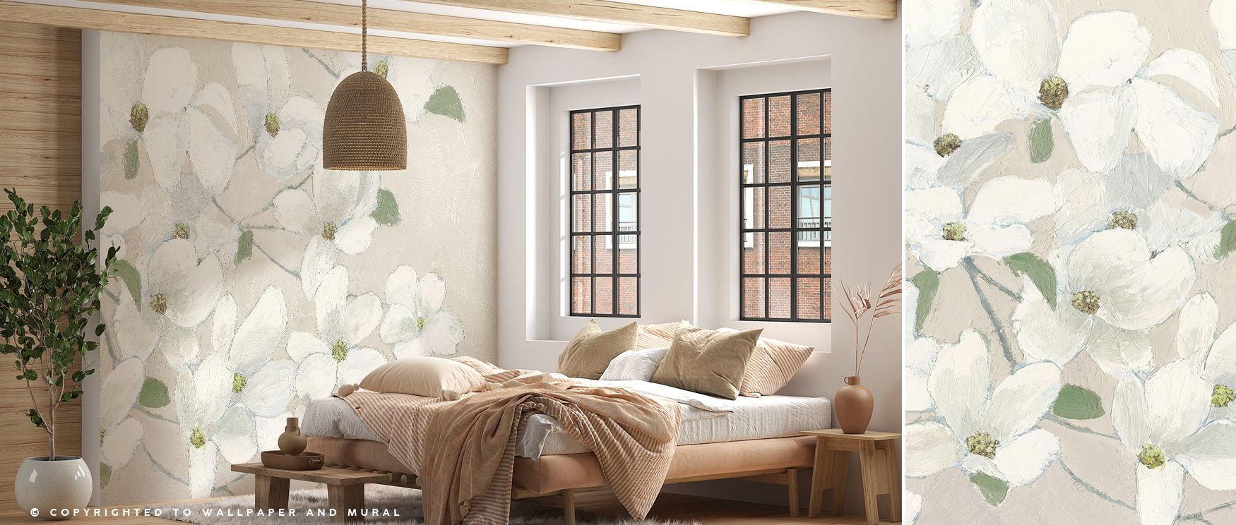 A floral mural wallpaper showing dogwood flowers in delicate composition, perfect for bedrooms, dining areas, or nurseries. It enriches interiors with natural refinement, decorative artistry, and floral charm, creating serene spaces filled with timeless i