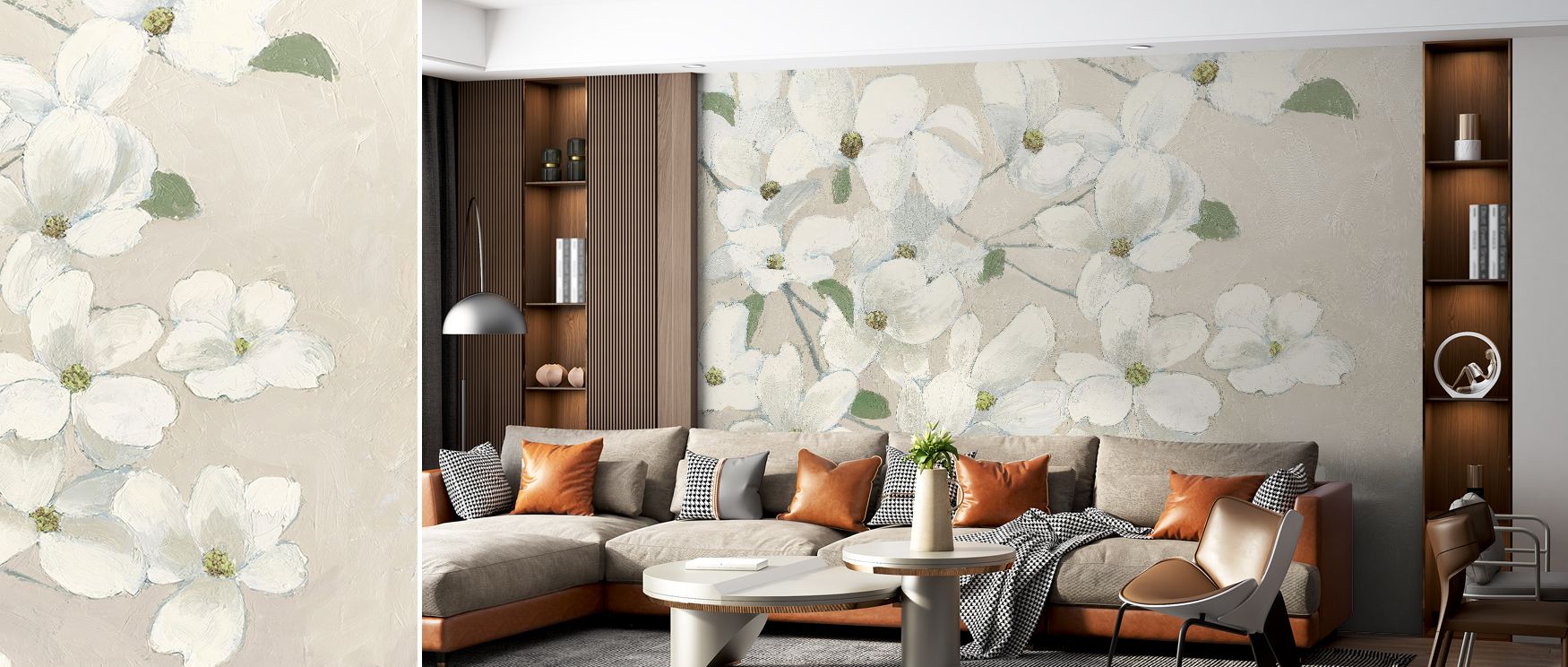 Dogwood blossoms mural wallpaper rendered in graceful tones, suited for bedrooms, nurseries, or living rooms. It creates refined interiors enriched with floral charm, decorative refinement, and natural artistry, offering stylish atmospheres filled with el