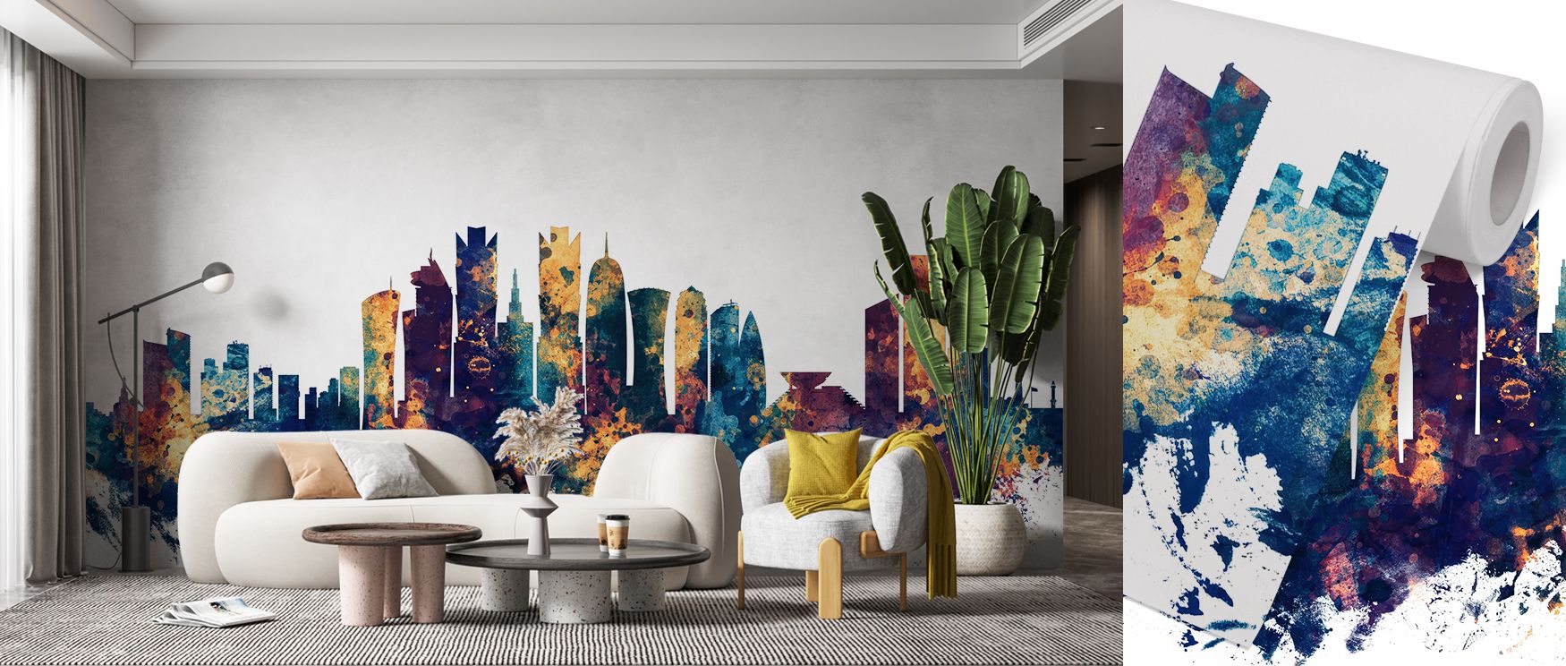 Doha skyline cityscape mural wallpaper rendered in blue and bronze hues, suited for bedrooms, living rooms, or dining areas. It creates refined interiors enriched with decorative refinement, metropolitan artistry, and cultural charm, offering stylish atmo