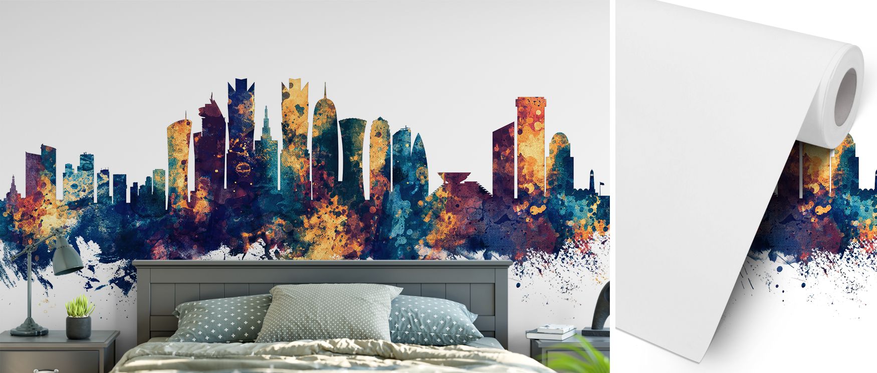 A mural wallpaper showcasing Doha Qatar skyline in luminous artistry, ideal for lounges, dining areas, or studies. It enhances interiors with decorative refinement, metropolitan charm, and cultural sophistication, creating refined spaces enriched with bol