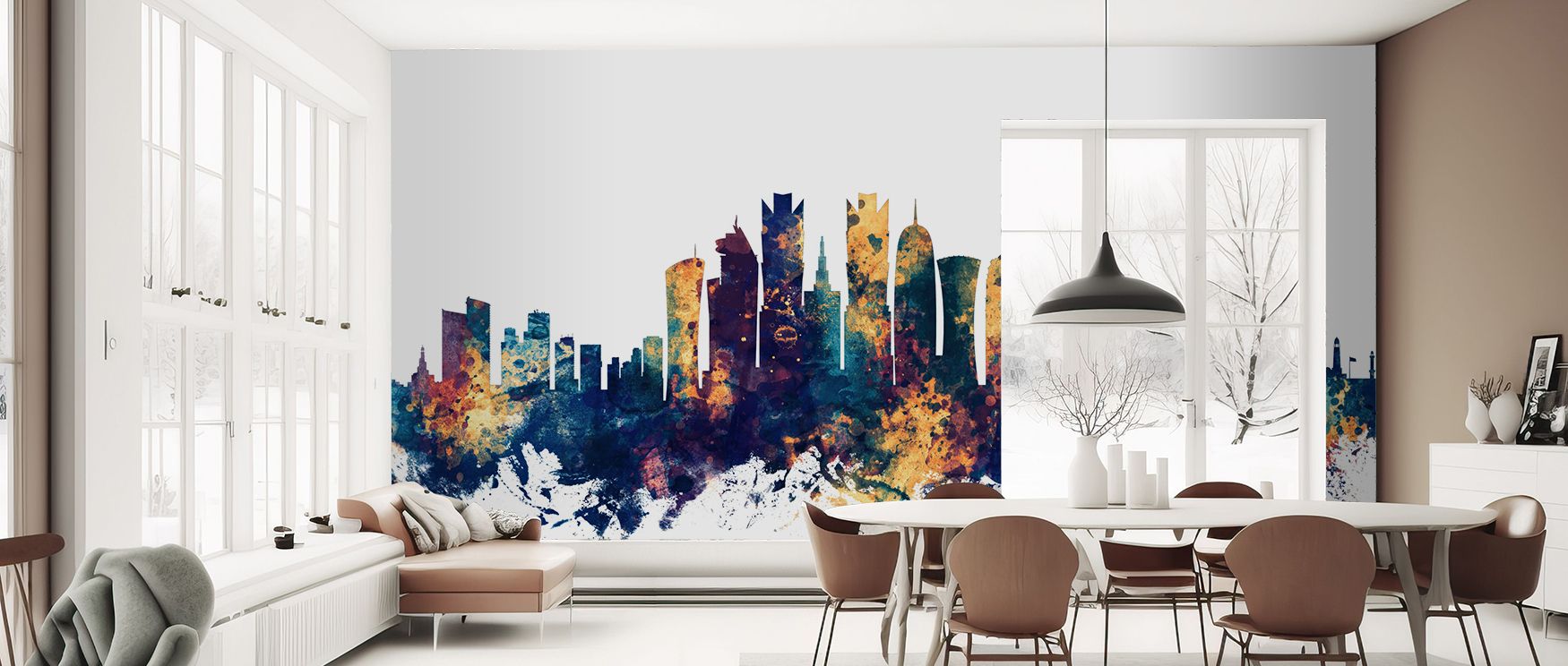 A mural wallpaper showcasing Doha cityscape skyline in luminous artistry, perfect for bedrooms, dining rooms, or lounges. It enriches interiors with decorative refinement, cultural sophistication, and metropolitan charm, creating stylish spaces enriched w