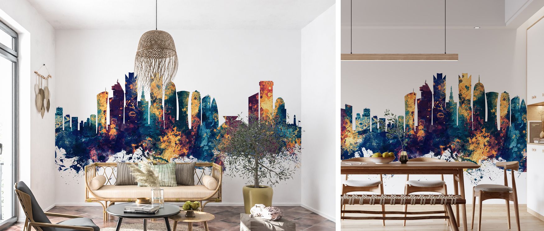 A mural wallpaper capturing Doha cityscape skyline in radiant tones, perfect for bedrooms, offices, or living spaces. It enriches interiors with decorative refinement, cultural artistry, and metropolitan charm, creating stylish atmospheres filled with arc
