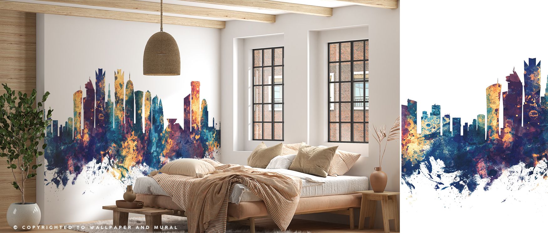 Regal blue and bronze Doha cityscape skyline mural wallpaper, ideal for bedrooms, living rooms, or dining rooms. It transforms interiors with decorative refinement, metropolitan artistry, and cultural inspiration, creating refined spaces enriched with lum