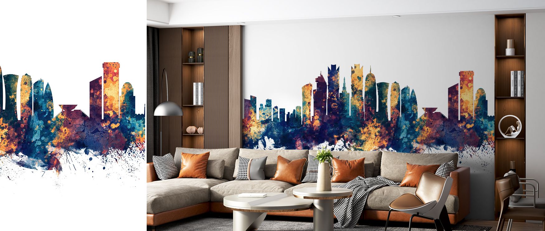 A mural wallpaper featuring Doha Qatar cityscape skyline in radiant hues, perfect for bedrooms, lounges, or studies. It enriches interiors with decorative refinement, metropolitan artistry, and cultural charm, creating refined atmospheres enriched with mo